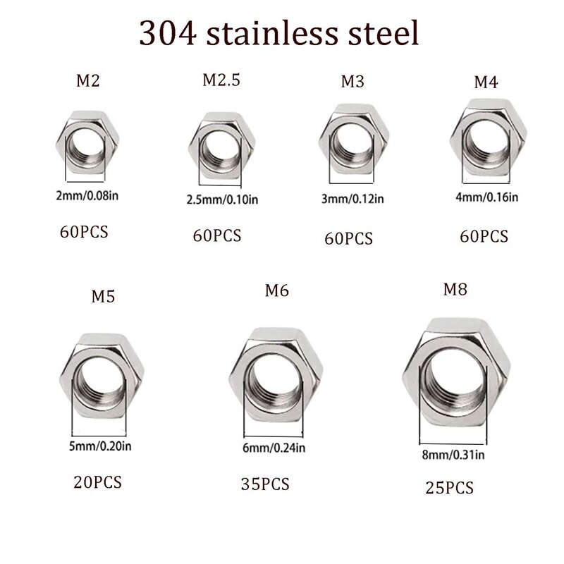 Kit d'assortiment d'écrous hexagonaux en acier inoxydable 320, 304 pièces, métrique, pour boulons à vis (M2 M2.5 M3 M4 M5 M6 M8)