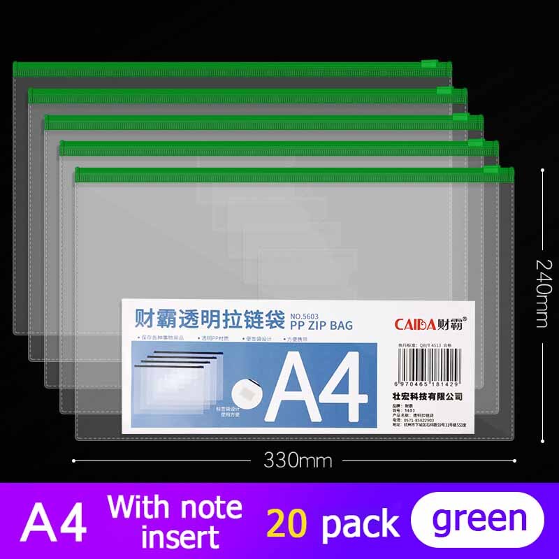 20Pcs Bestand Houder Transparant Plastic Informatie Tas A5 Rits Grote Capaciteit Boek Tas A4 Briefpapier Student Office Bestand Zak: A4 green