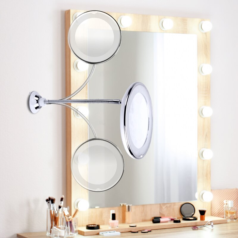 Espejo de maquillaje para mujer, grados de rotación, luz LED 5X /10X, ampliación plegable, maquillaje cosmético, espejo de baño