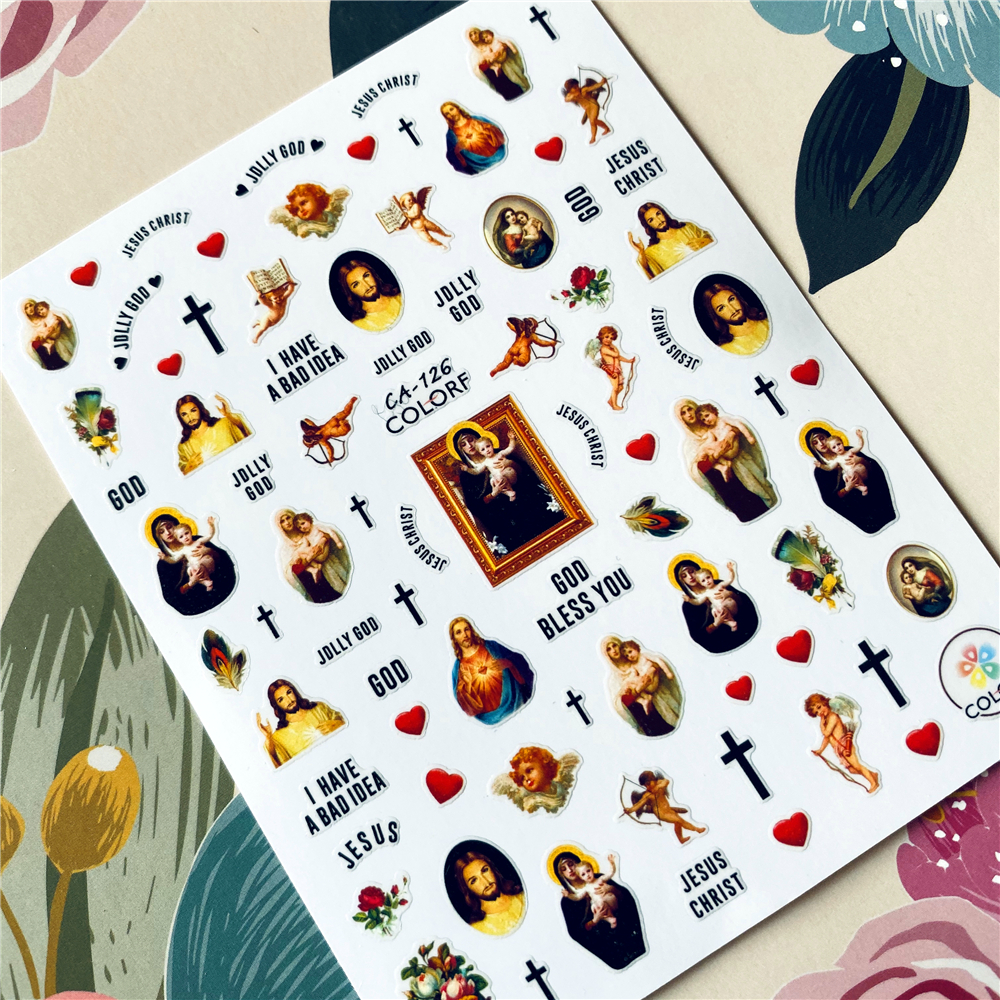 Jésus Christ vierge marie série croix 3D retour colle ongle décalcomanie ongle autocollant décoration ongle art ongle outil ongle ornement