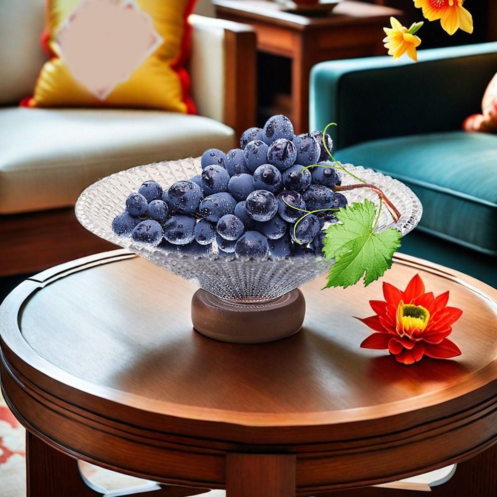 Bandeja de bayas de vidrio francés transparente de lujo ligera, plato de fruta decorativo de gran capacidad, Base de madera, bandeja para servir frutas, mesa de té