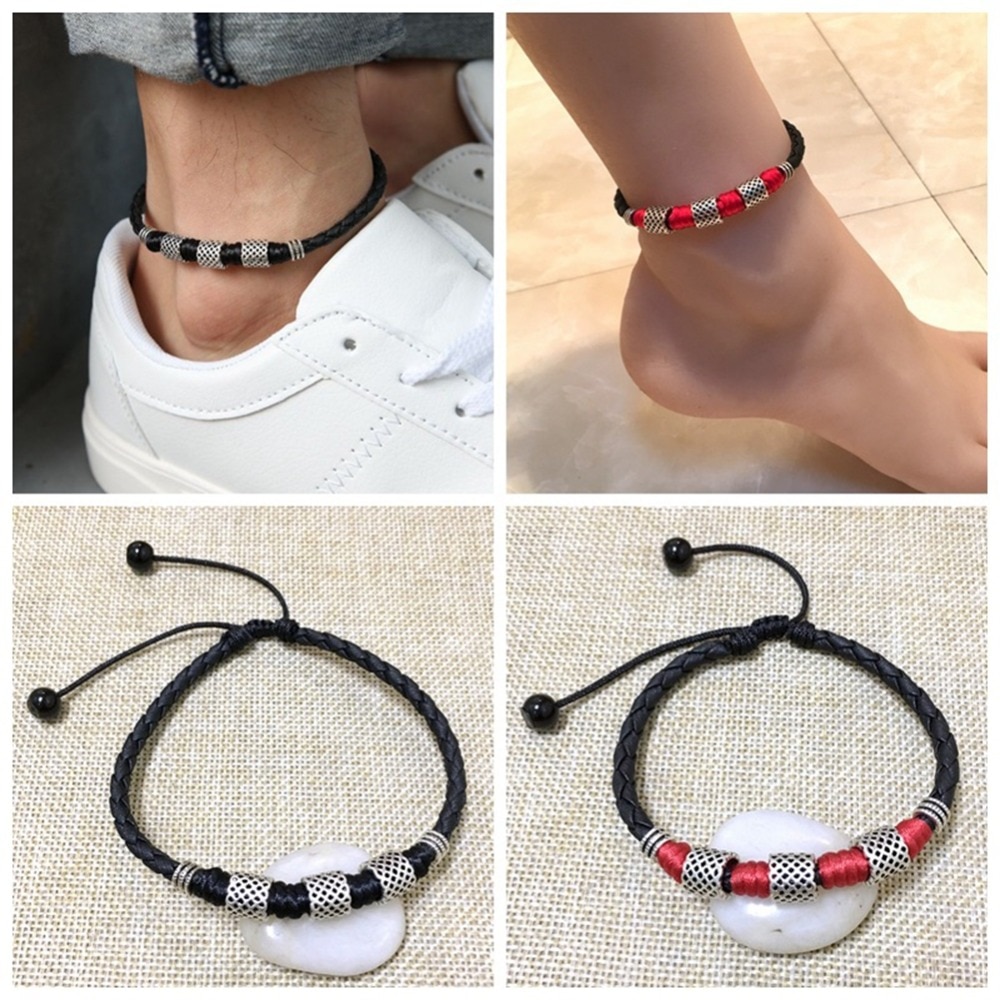 Personality Leather Rope Chain Handmade Ankles Bracelet Black Bead Chain Anklet For Women Men Jewelry