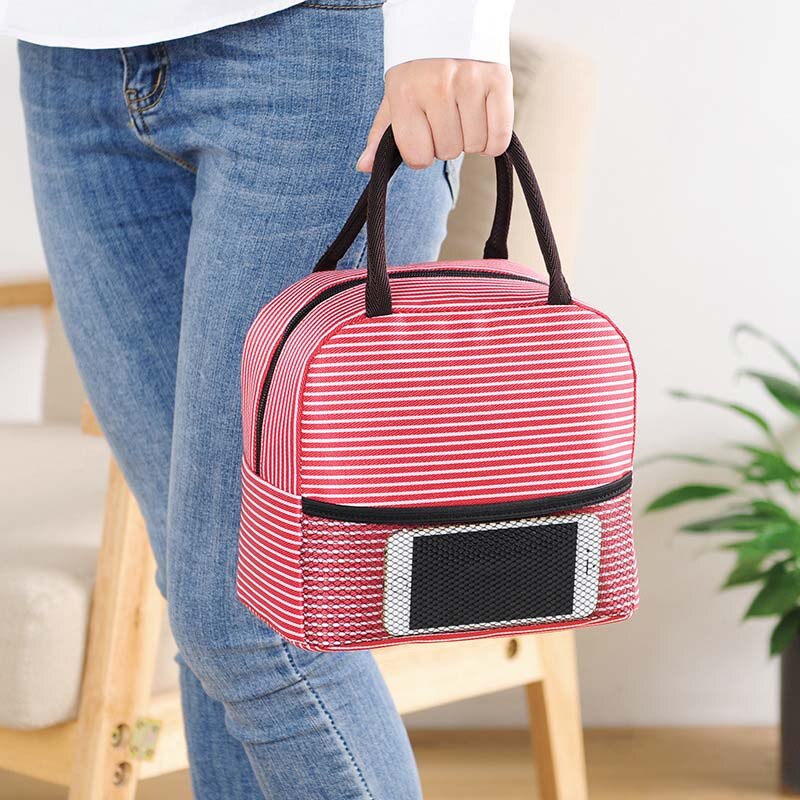 Bolsa térmica a rayas para niños, bolsas de almuerzo térmicas de aislamiento, portabotellas impermeable Madeira, Bolsa de almacenamiento de alimentos, Hobos