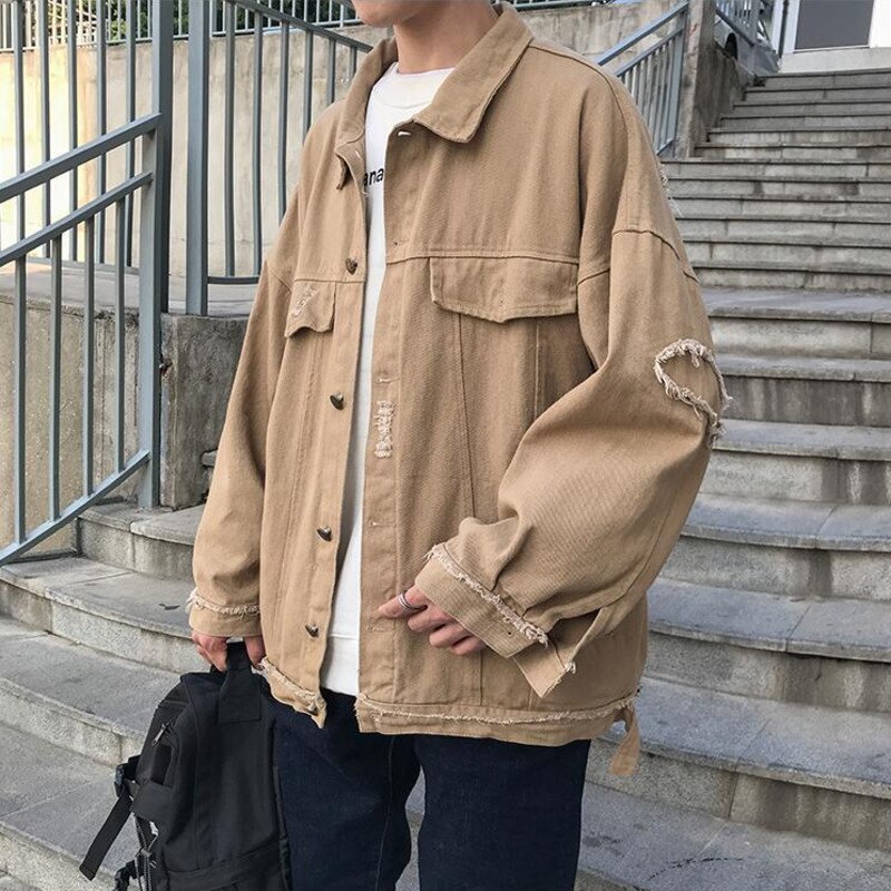 Herfst gescheurde spijkerjas heren casual retro gescheurde spijkerjassen heren streetwear losse hiphop bomberjack heren m -2xl