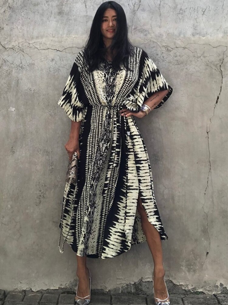 2022 Bikini Cover-ups Retro Snake Printed Self Belted Women Summer Dress Tunic Plus Size Beach Wear Swim Suit Cover Up Q1227