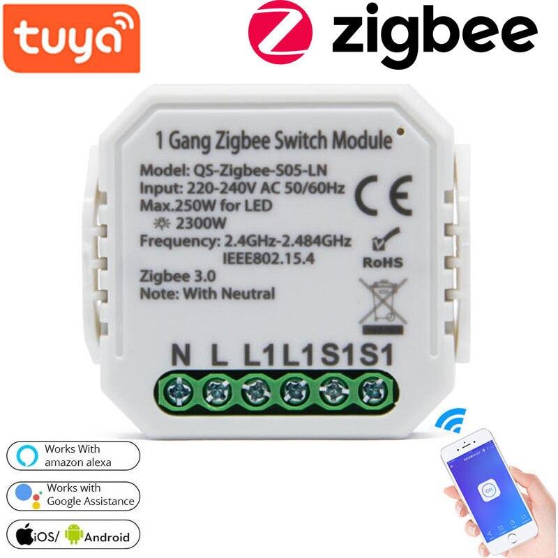 Tuya zigbee-kytkinmoduuli älykäs kotitalousmuunninmoduuli ei/neutraali langaton valokytkin monikäyttöinen työkalu: Neutraalin 1- joukon kanssa