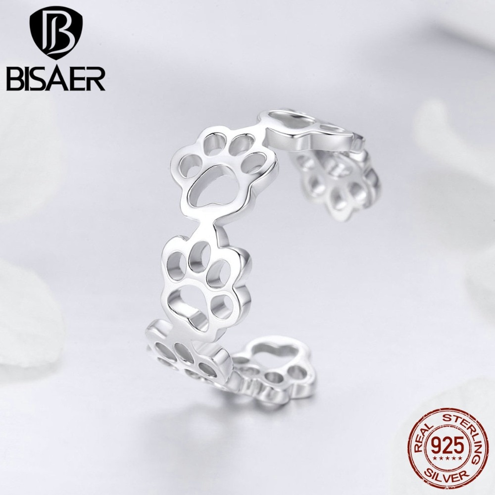 BISAER-anillo ajustable para mujer, de Plata de Ley 925, con huellas de animales, huellas de perro y gato, joyería 925