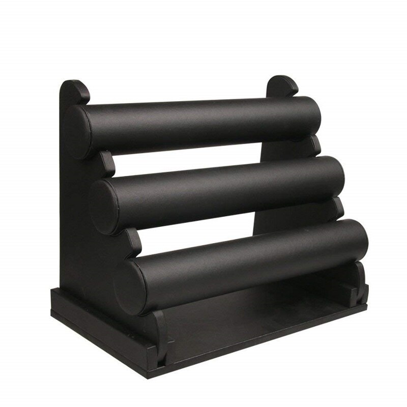 Szanbana suporte de joias triplo removível, suporte de joias redondo para colar e relógio, expositor rack-veludo e couro: Black-PU leather