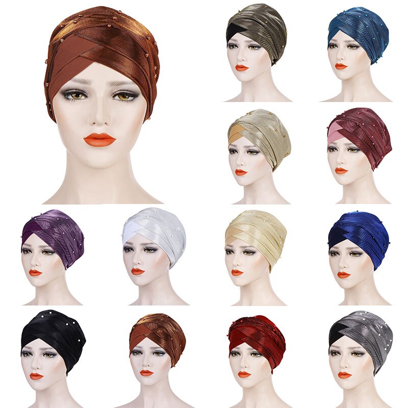 Shiny Pearl Head Scarf for muslim women turban bonnet hijab Caps white pearl Inner hijabs femme musulman arab wrap turbantes