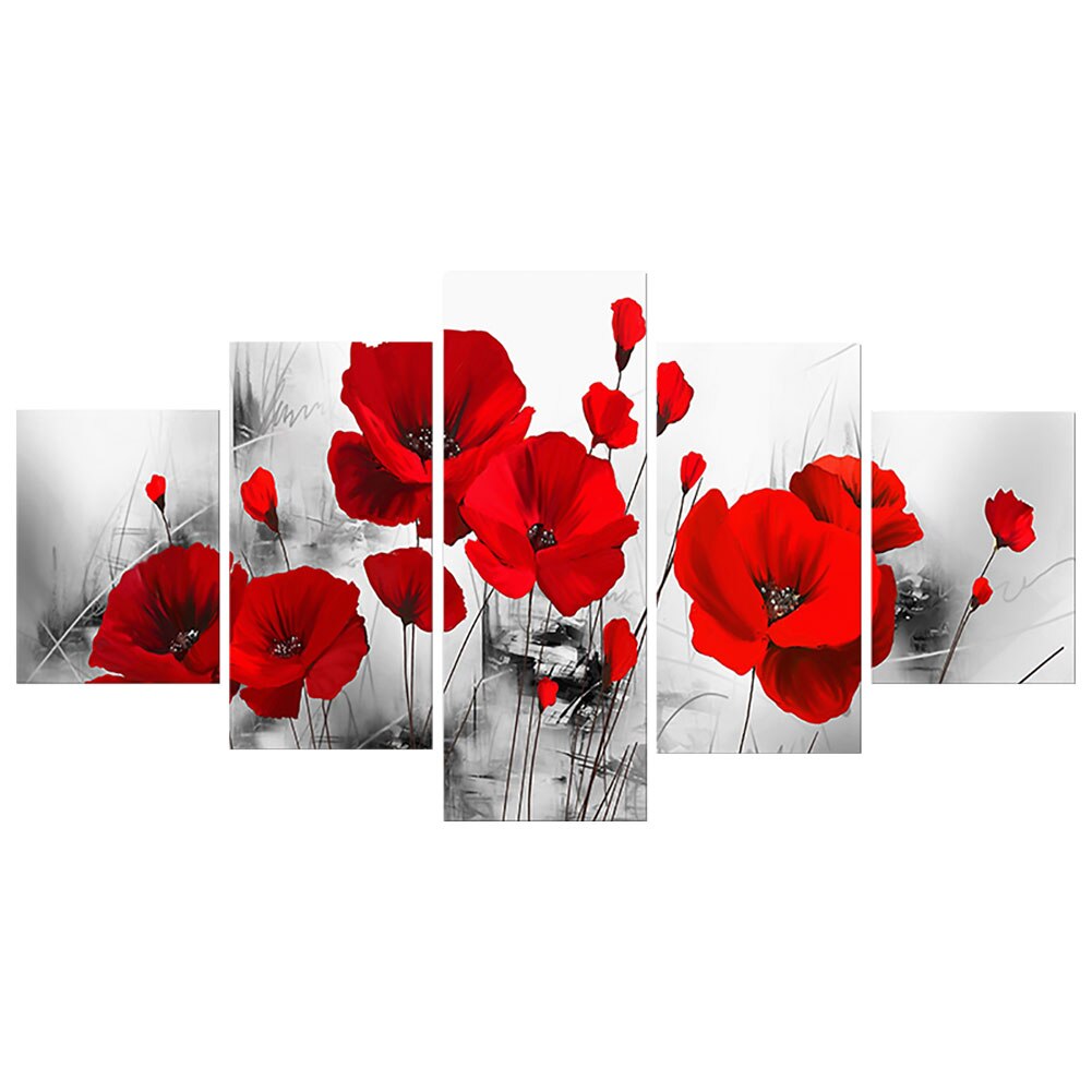 Painted Red Rose Oil Painting Reproductions 5 Piece Ink Painting Canvas Art Picture Modern Wall Decoration: Default Title
