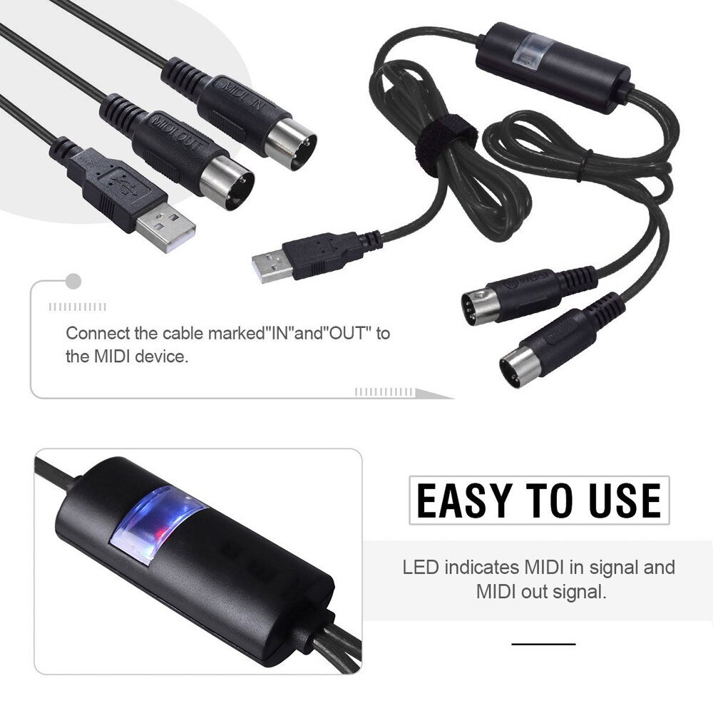 Electric Piano Drum USB IN-OUT MIDI Cable Converter PC/Laptop Music Keyboard Adapter Cord for Home Music