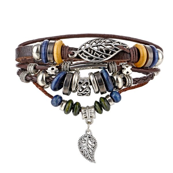 Ifmia justerbart flerlags læderarmbånd mænd håndlavet reb horn blad fjer sæt armbånd armbånd smykker: If11000640