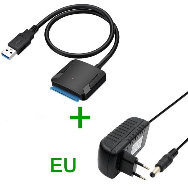 Sata usb 3.0 adapter kabel konverter 22 pin usb 3.0 to sata kabel med eu us uk adapter til 2.5 tommer 3.5 tommer hdd ssd harddisk: Eu-adapter