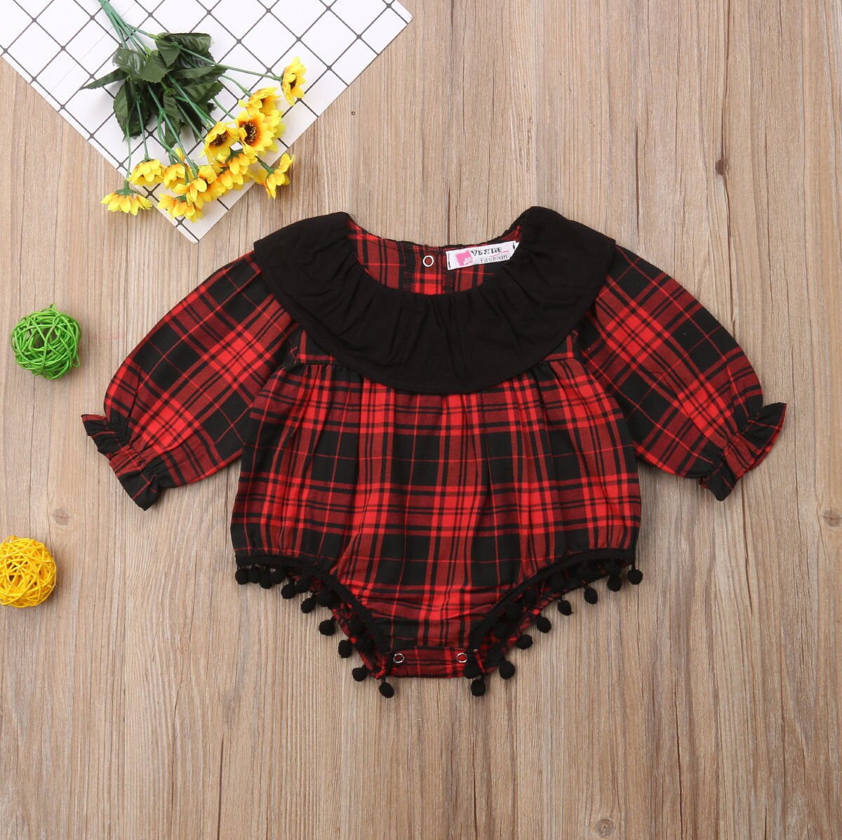 Brand Newborn Infant Baby Girl Boy 0-24M Tassel Bodysuit Long Sleeve Ruffles Plaid Red Jumpsuit Playsuit Outfit Autumn