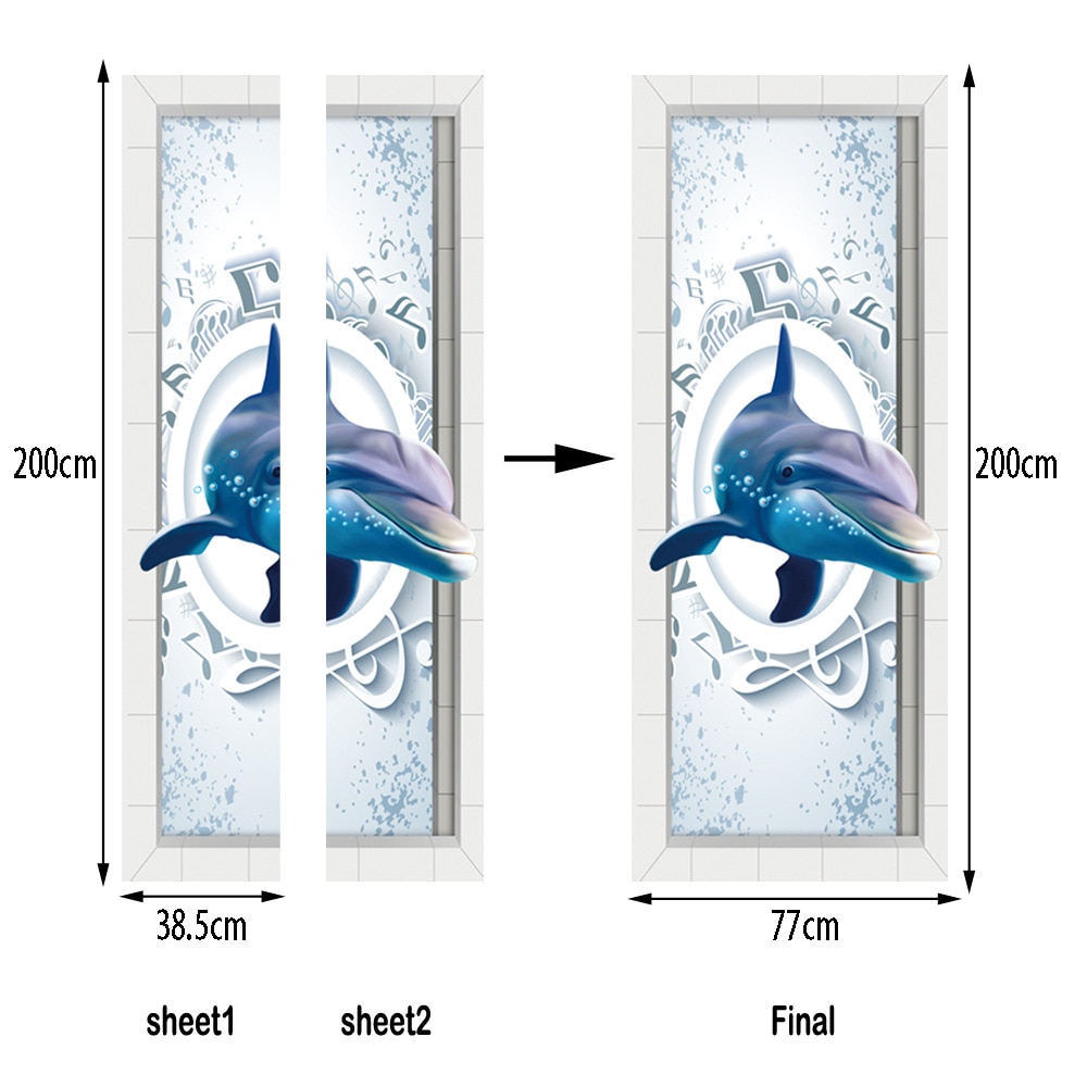 3D Blue Dolphin Door Stickers Kids Room Door Poster Wooden Steel Door DIY Renovation Decal Self Adhesive Wardrobe Wallpaper