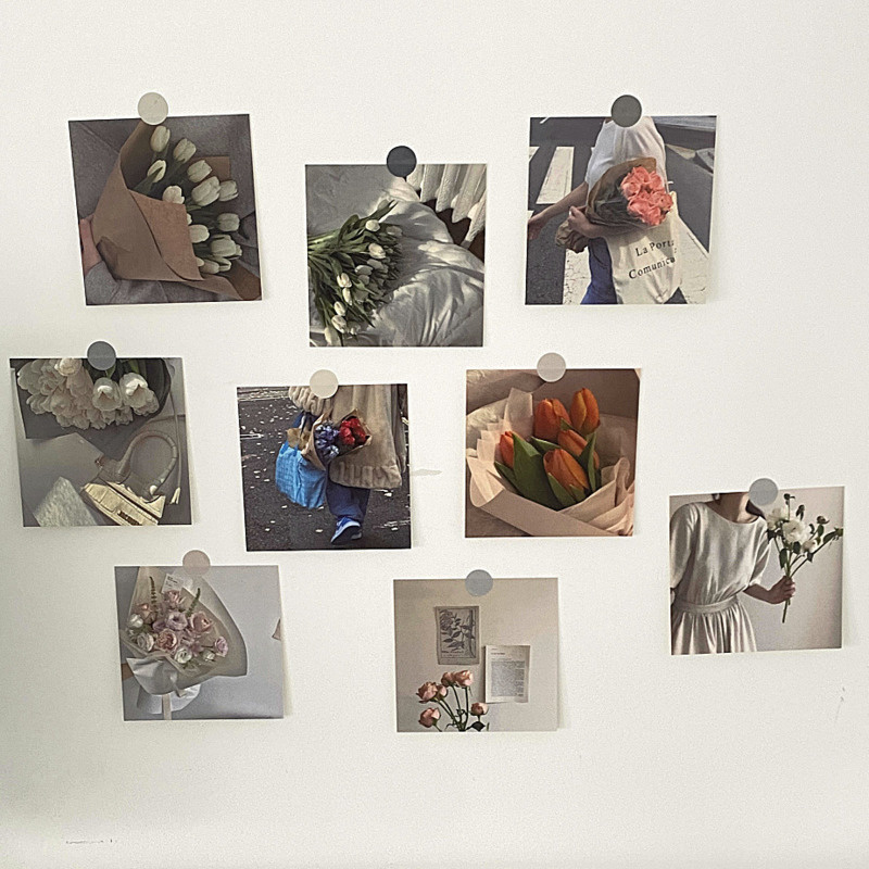 Korean Ins Tulip Flower Art Postcard Chic Room Home Aesthetic Decorative Card Diy Background Wall Photo Props 9 Sheets Square