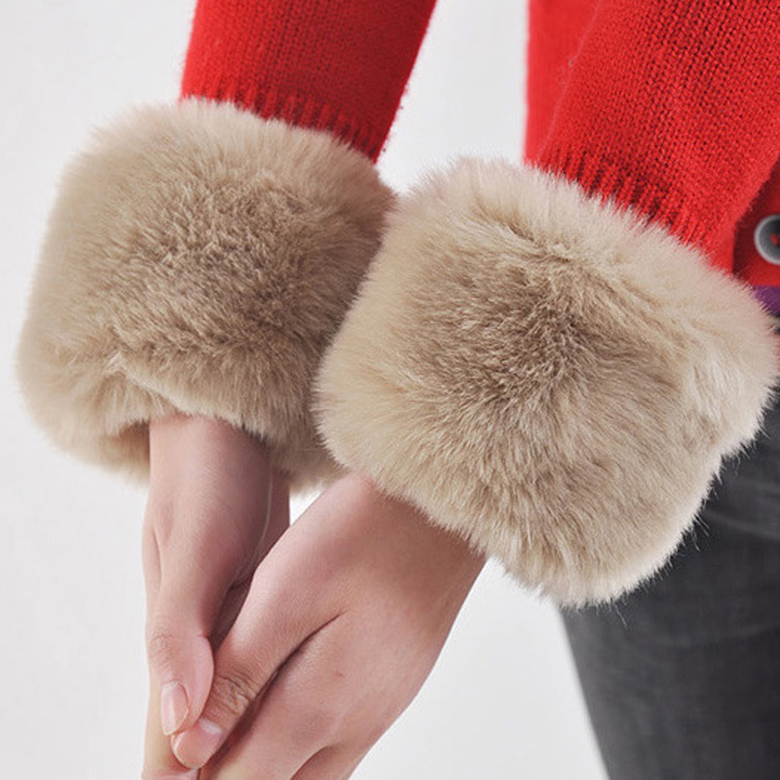1 par kvinder vinter varm imiteret pels elastisk håndledsslag på manchetter damer ensfarvet armvarmer plys håndledsbeskytter