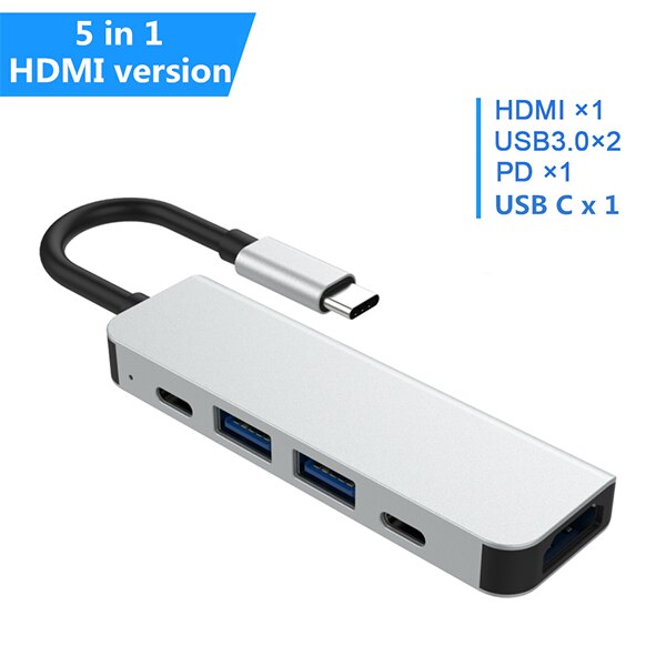 Usb hub typ c till hdmi 4k usb 3.0 thunderbolt 3 dockningsadapter pd laddningskort 8 in 1 hub för macbook pro splitter port typ c hub: 5 in 1