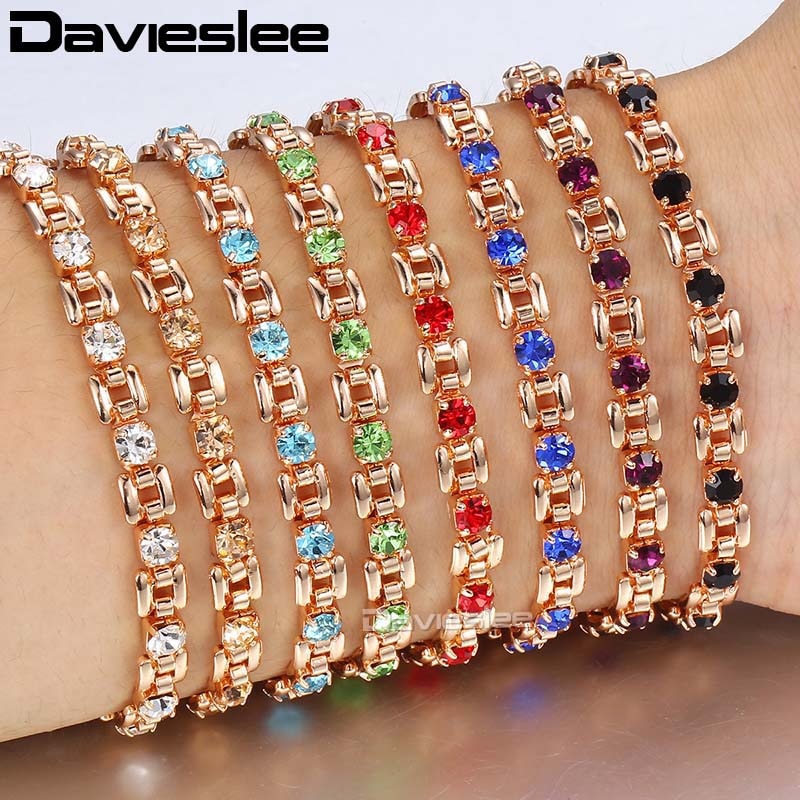 Davieslee pulseira feminina de ouro 585, bracelete quadrado com pedra cz, várias cores, presente para mulheres 5.5mm lgbm101