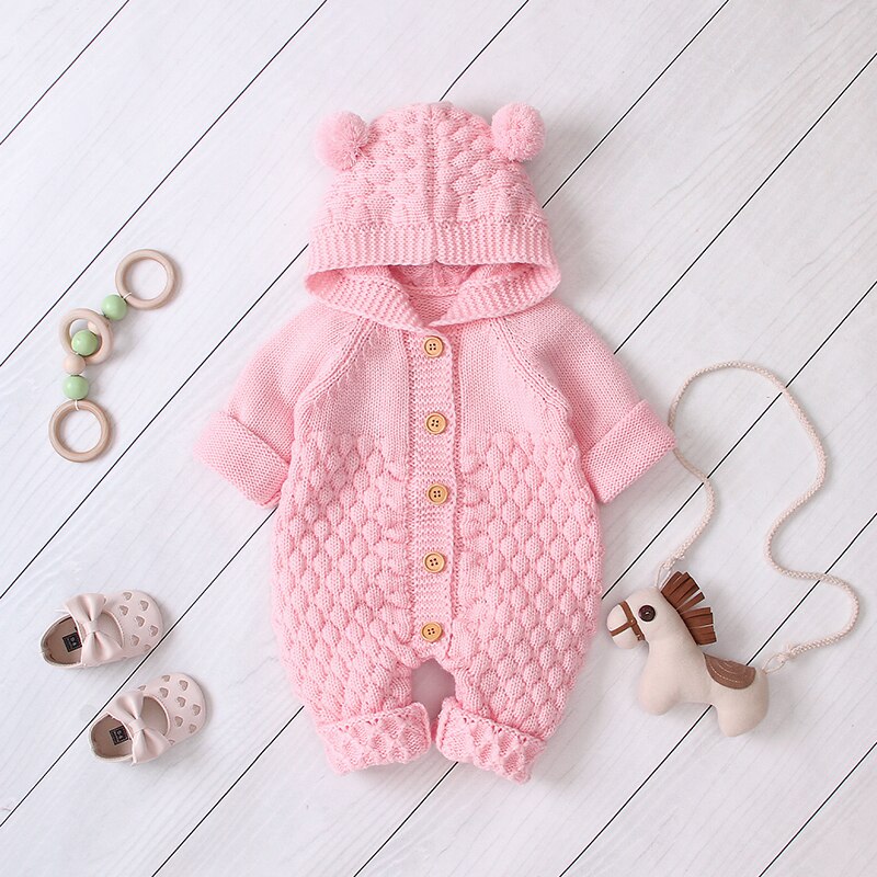 Herfst Baby Baby Meisjes Lange Mouw Gebreide Solid Print Hoodie Rompertjes Trui Kinderen Jongens Jumpsuit: P / 18m
