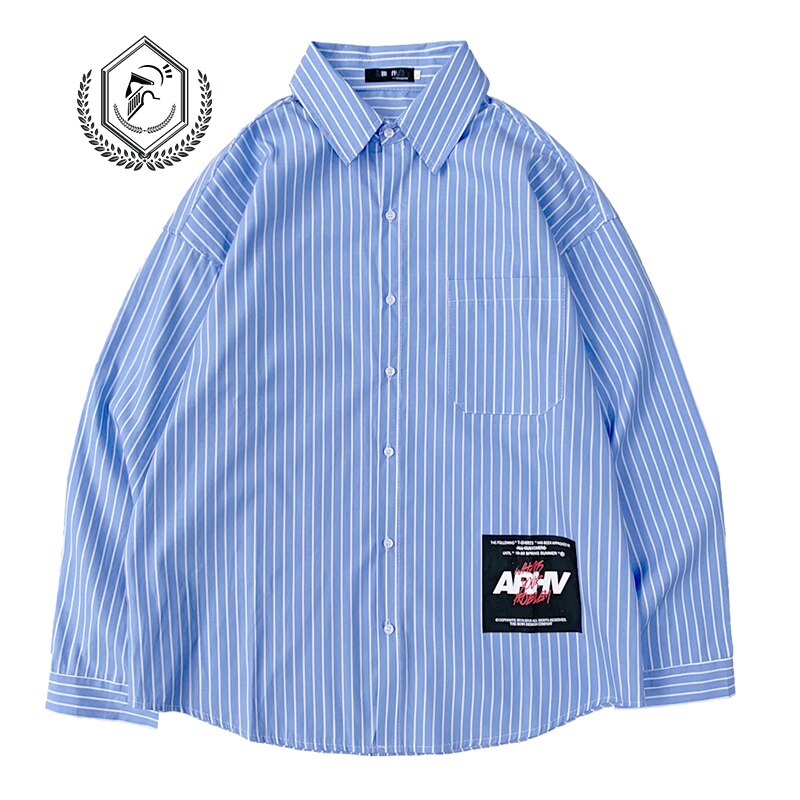 Men Loose Stripe Print Casual Hip Hop Shirts: blue / XL 75kg 85kg