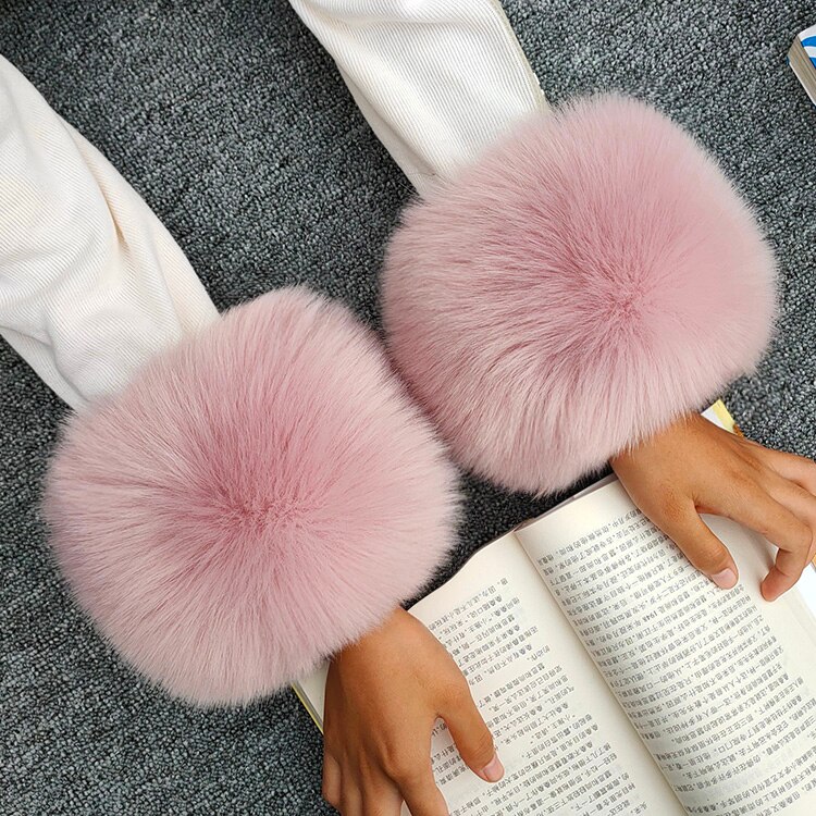 Brazalete de piel sintética para mujer, brazalete de piel de zorro, cálido, chaquetas, puños, abrigo sólido, universal: A