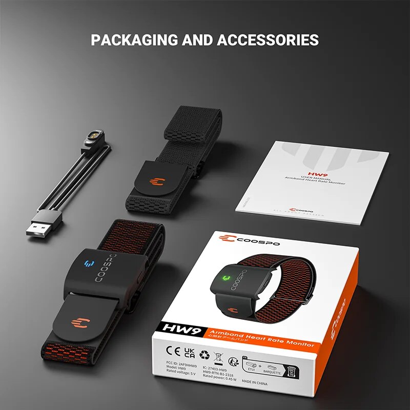 COOSPO HW9 Armband Hartslagmeter met HR Zones/Calories HRM Sensor voor Fitness Fietsen BLE5.0 ANT+ voor Peloton, Zwift, Wahoo
