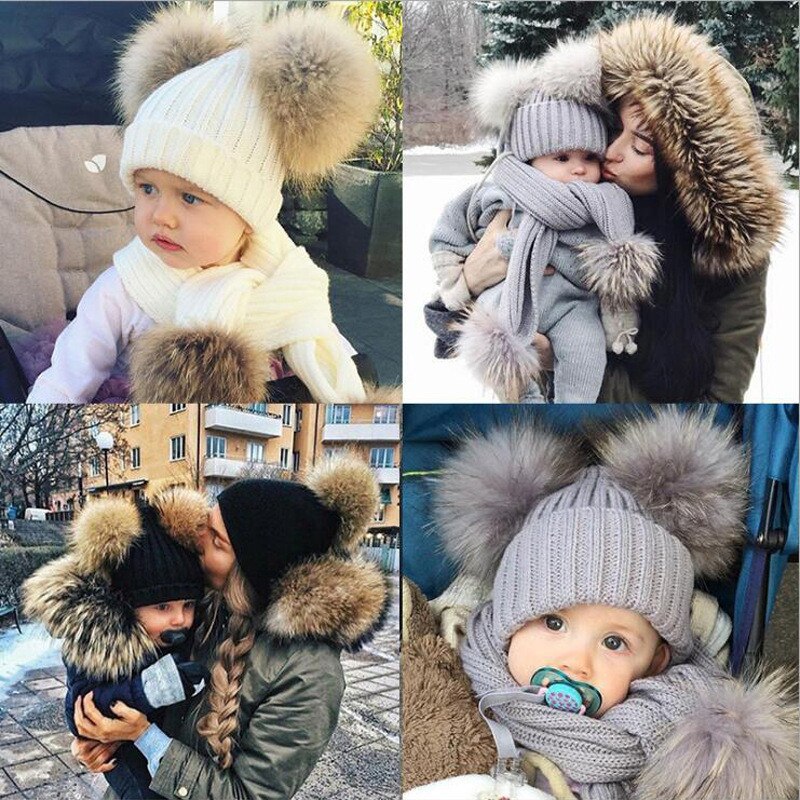 Leuke gebreide kinderen hoed met een sjaal dubbele bal faux fur hoeden sjaals set winter accessoires voor baby sjaal muts kids