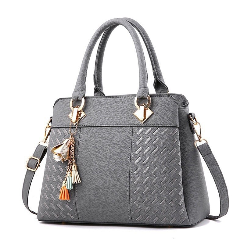 Women Handbags Tassel PU Leather Totes Bag Top-handle Embroidery Crossbody Bag Shoulder Bag Lady Simple Style Hand Bags: Dark Grey