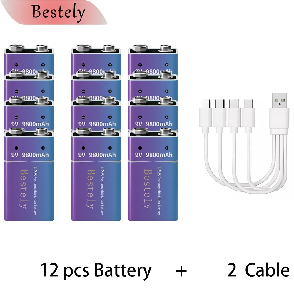 Nueva batería recargable de litio de 9V, 9800mAh, baterías de iones de litio de 9v de larga duración con Cable, para Detector de humo, alarmas, micrófono: Castaño