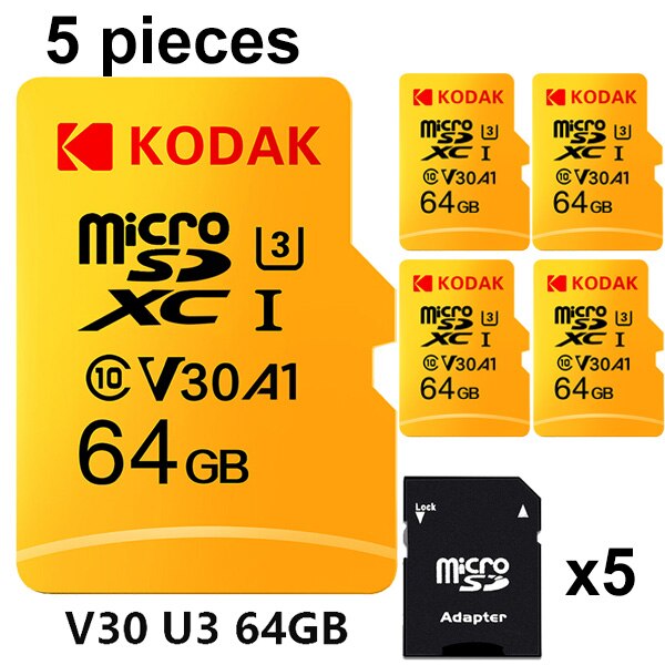 Kodak – carte mémoire micro sd, 100 mo/s, 128 go/32 go/64 go, Ultra TF, classe 10, V30, U3, pour appareil photo et téléphone macbook: U3 64GB 5 pcs