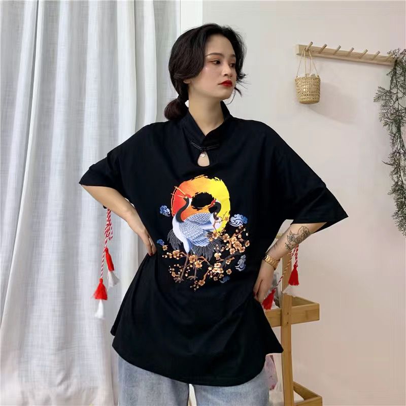 Terno gótico preto para meninas, vestido camisa para mulheres, blusa tradicional chinesa, casaco bordado de dragão: Black print