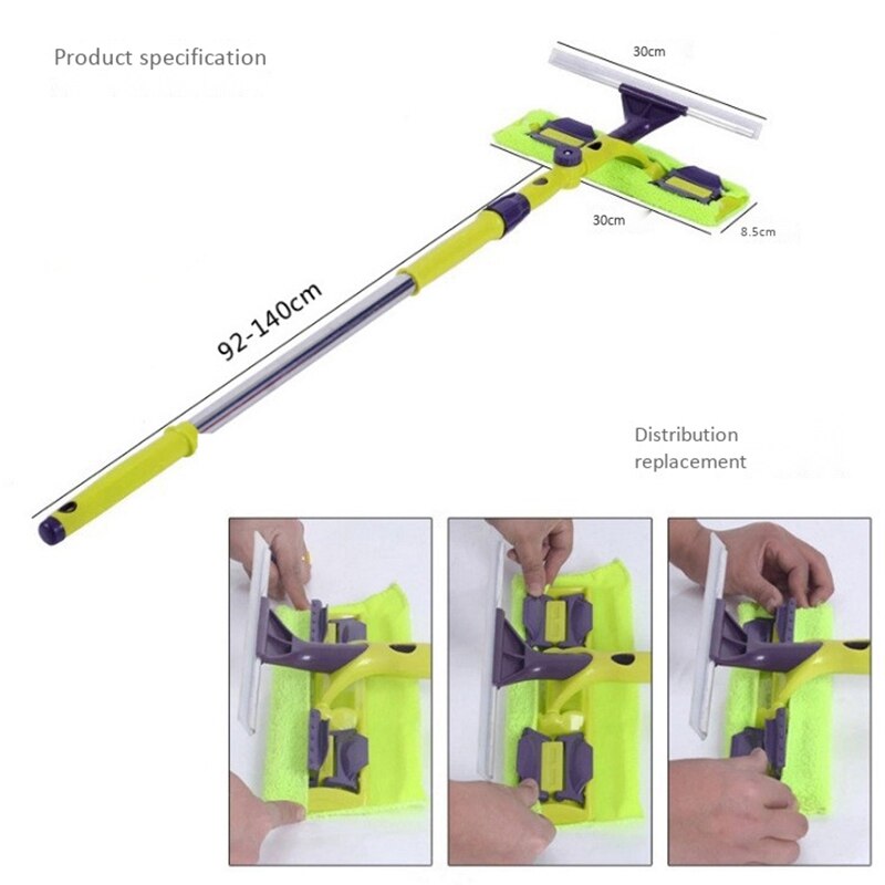 Glass Cleaning Tool Double-Sided Telescopic Rod Window Cleaner Squeegee Wiper Long Handle Rotating Head Brush Silicone Scrubbe