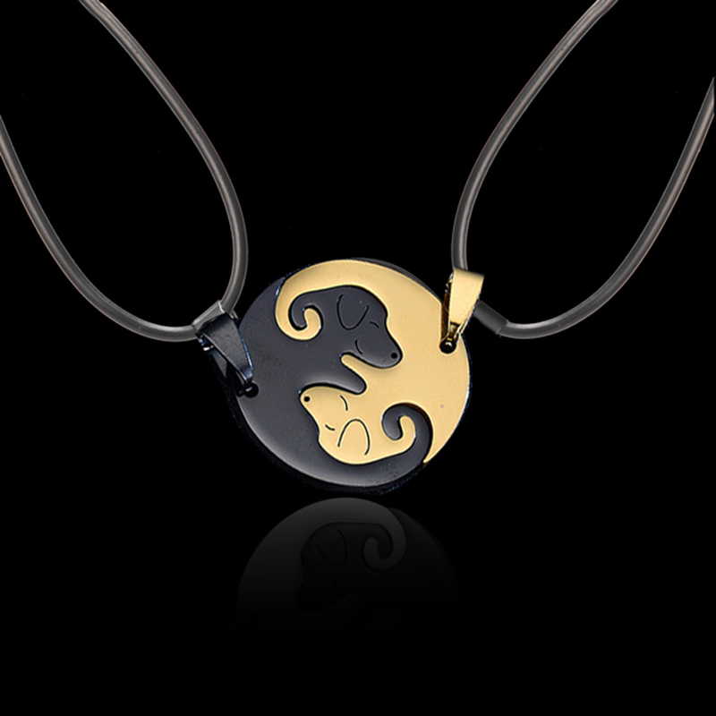 2pcs Personality Yin Yang Dog Couple Necklace Women Pair Pendant Matching Collar Stainless Steel Chain Stitching Jewelry: RED-BROWN