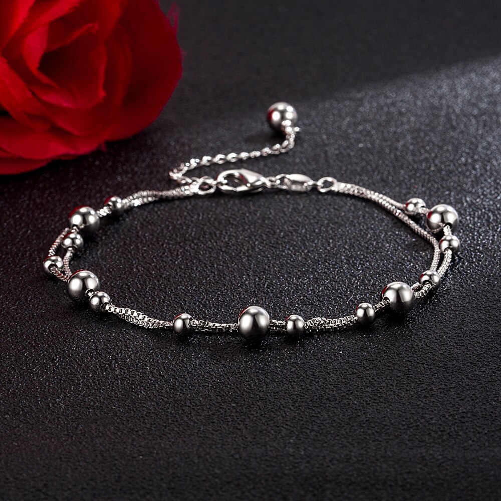 Pulsera de tobillo de campana de plata esterlina 925 para mujer, joyería de pie de pierna de doble línea, tobilleras simples con abalorio de playa bohemio, accesorios de