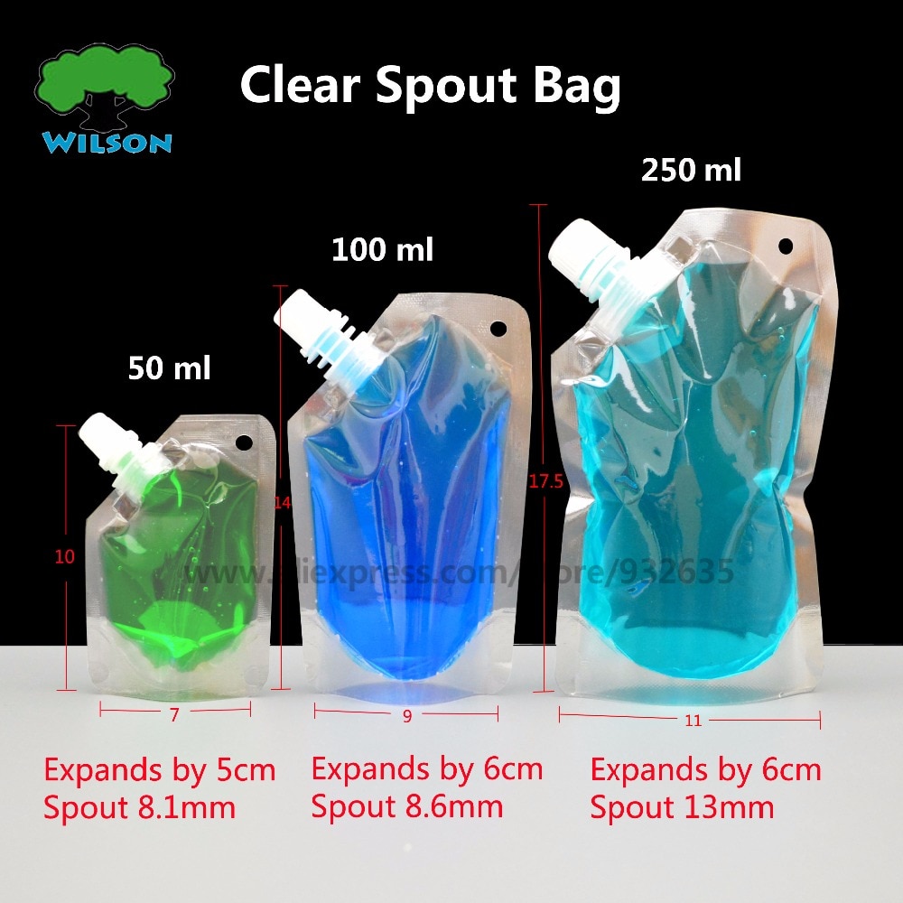 Doypack-Bolsa de almacenamiento de alimentos para mascotas, contenedor transparente de 50-250ML con boquilla, para salsa, bebida, escurridor, 20 unids/lote