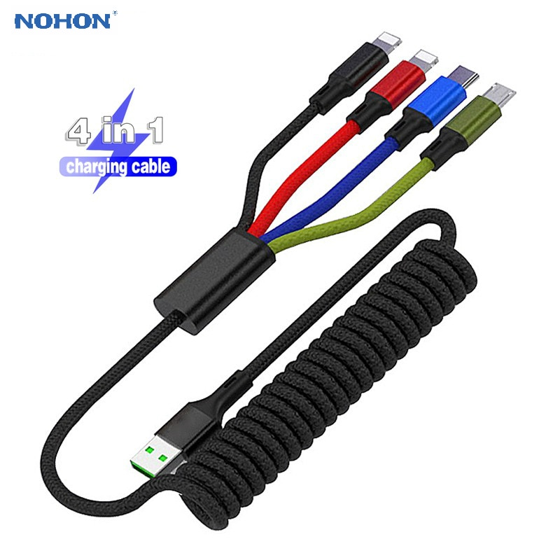 Nohon 1.8m 4 em 1 cabo usb para iphone 11 pro max samsung huawei mola rectractable micro usb tipo c cabo de fio de carregamento