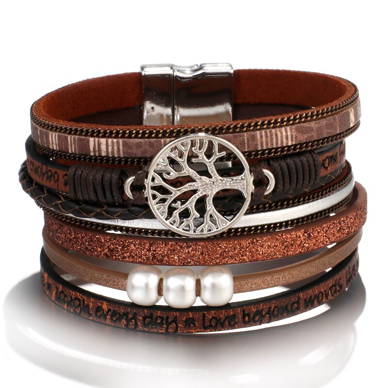 Flashbuy Life Tree Leather Bracelets For Women Bohemia Weave Multilayer Wide Wrap Bangles Jewelry: 5