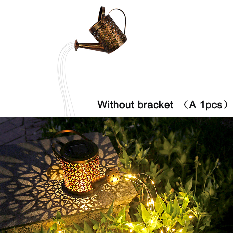 Solar Watering Can Waterfall Lights Garden Outdoor Art Lamps Hollow-out Iron Shower LED String Lights Decoracion Jardin Exterior: Without Bracket(A)