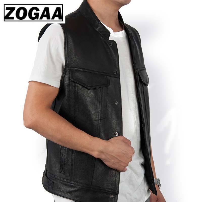 ZOGGA Men Vest Black Biker Motorcycle Hip Hop Waistcoat Male Faux Leather Punk Solid Black Spring Sleeveless Leather Vest