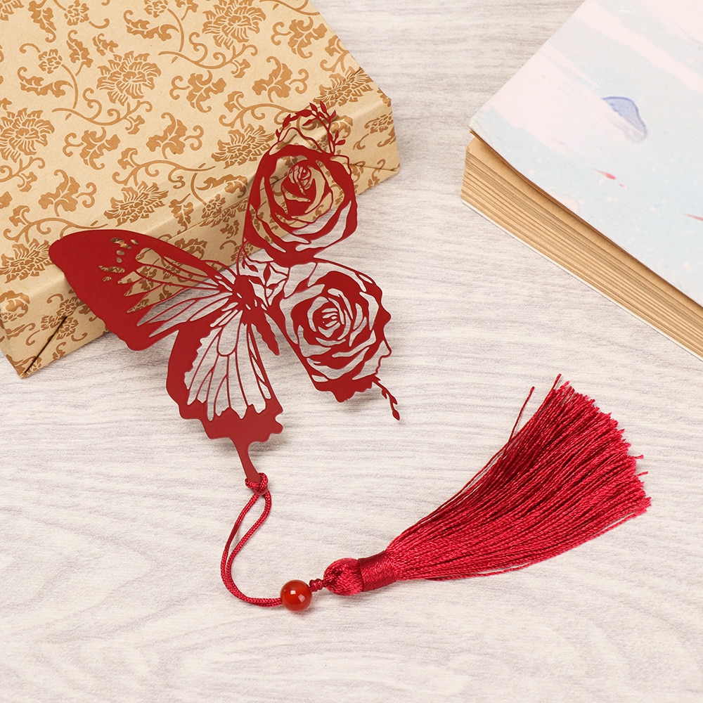 1PC Retro Brass Bookmark Tassel Pendant Butterfly Rose Book Clip Pagination Mark Stationery Student Cartoon Metal Bookmark
