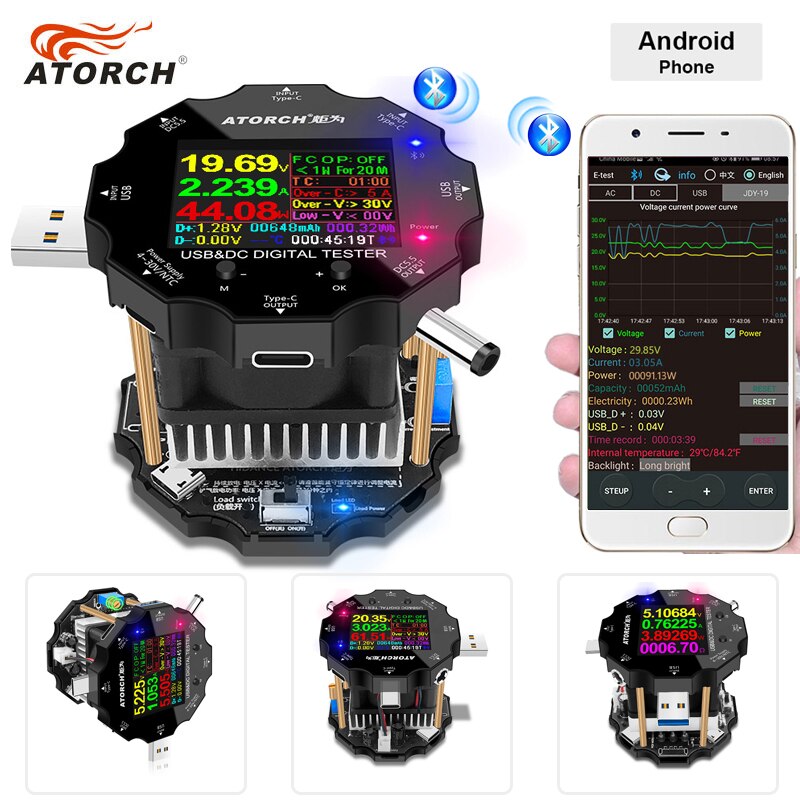 Farve app batteri tester elektronisk belastning 18650 kapacitet monitor indikator afladning opladning usb meter  dc 12v strømforsyning checker: Ud18l