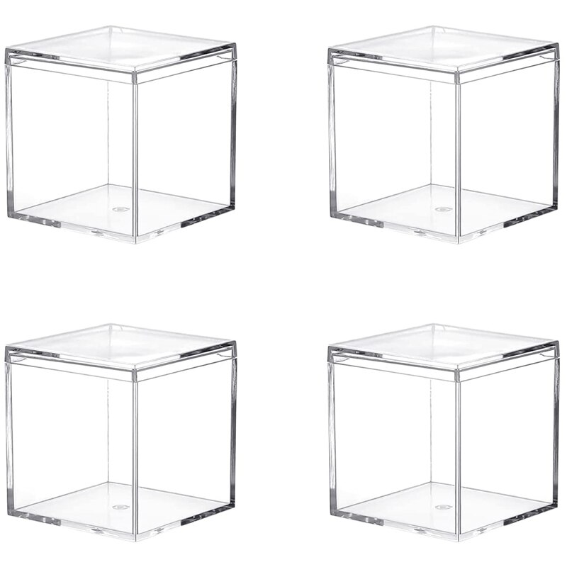 Clear Plastic 4 Pack Plastic Square Cube Containers With Lid Storage Box For Candy Pill And Tiny Jewelry: 65x65x65mm 