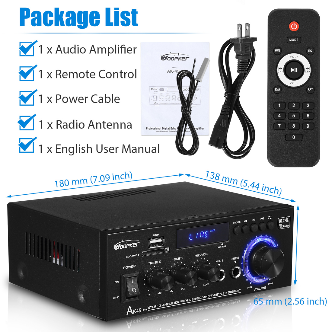 Woopker AK55/AK45 Pro/AK390/AK380 Sound Amplifier Bluetooth Amplifier HiFi Digital Audio Subwoofer 2 Channel FM USB Home Theater