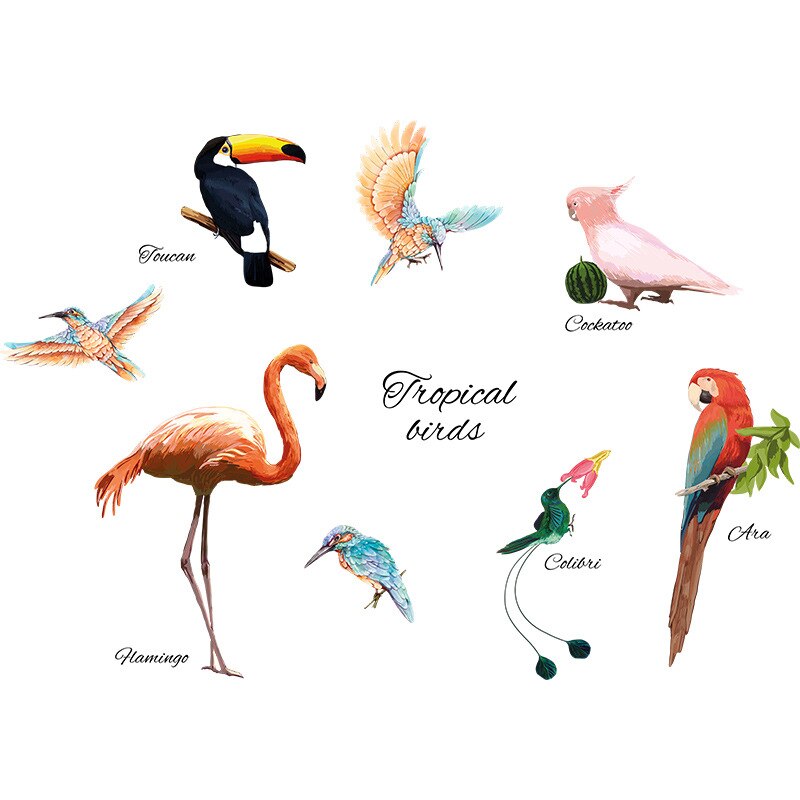 Trooppiset vihreät lehdet flamingo linnut seinätarrat kukat juliste kasvi olohuoneen sisustus koriste vinyylit irrotettava kodin tarra: Lintuja