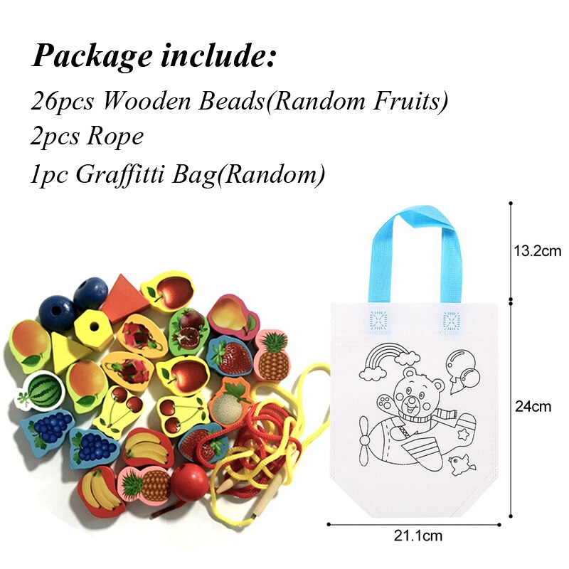26Pcs Wooden Toys Baby DIY Toy Cartoon Fruit Animal Stringing Threading Wooden beads Toy Monterssori Educational for Kids GYH: 26 Fruit 1 TS Bag