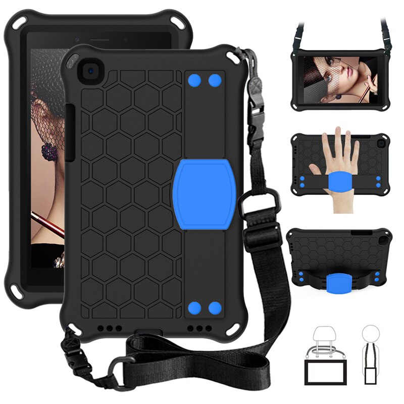 Tablet Case for Samsung Tab A 8.0 - EVA Shockproof Kids Stand Cover with Strap: Black Blue