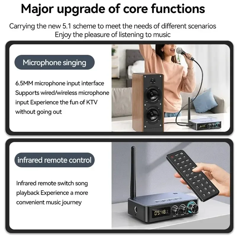 M9/m9 pro bluetooth-ljudmottagare, sändare, dsp, trådlös adapter, nfc/aux/rca/usb, u-disk/tf, /6.5 mikrofoner, karaoke/koaxial/fm-radio