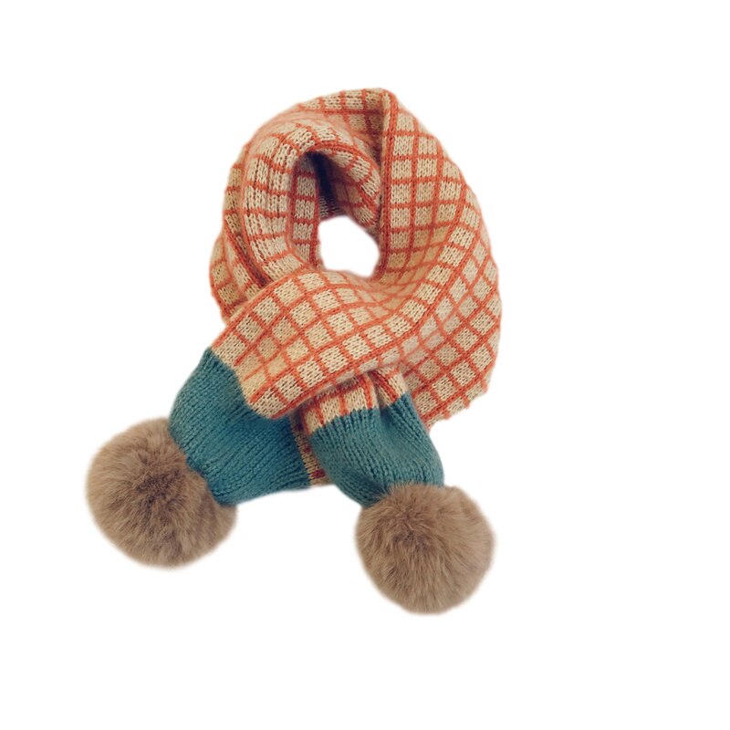 Écharpe tricotée à pompon en fausse fourrure pour enfants, écharpe d&#39;hiver à carreaux pour garçons et filles, cache-cou, accessoires pour bébés: E