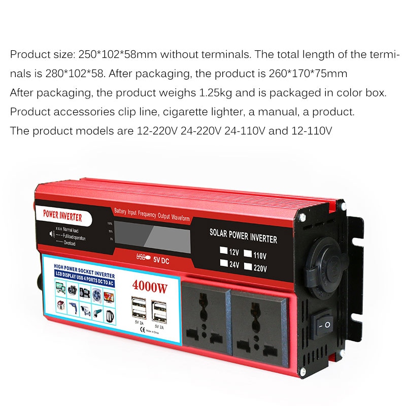Kraftomvandlare spänningstransformatorenheter  dc12v till  ac 220v omvandlare +2 led-display 12v 220v 1000/4000w ren sinusvåg